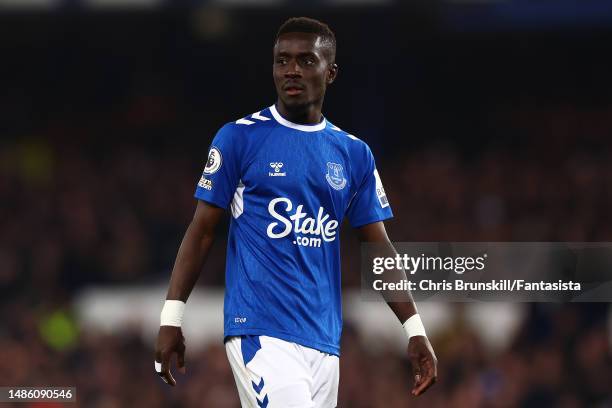 Idrissa Gueye of Everton looks on during the Premier League match between Everton FC and Newcastle United at Goodison Park on April 27, 2023 in...