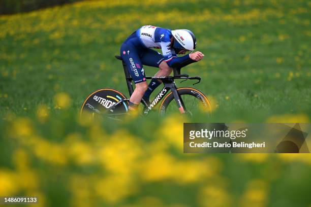 Remi Cavagna of France and Team Soudal Quick-Step sprints during the 76th Tour De Romandie 2023, Stage 3 a 18.75km individual time trial stage from...