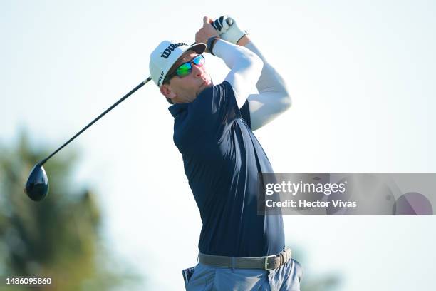 Ricky Barnes of the United States plays his shot from the third tee during the second round of the Mexico Open at Vidanta on April 28, 2023 in Puerto...