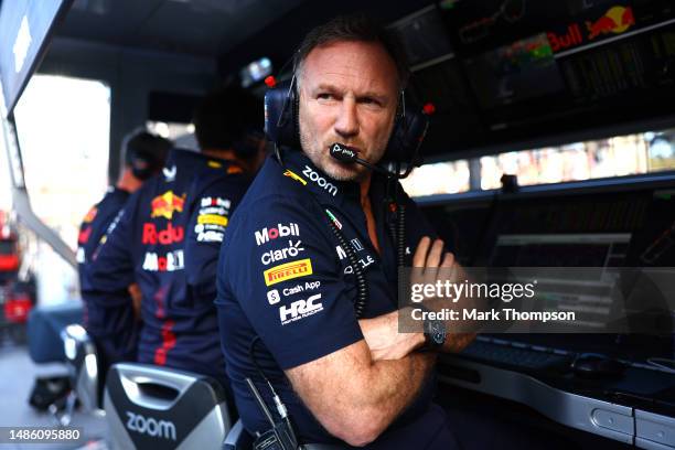 Red Bull Racing Team Principal Christian Horner looks on from the pitwall during qualifying ahead of the F1 Grand Prix of Azerbaijan at Baku City...