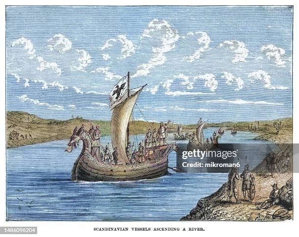 old engraved illustration of scandinavian sailing vessel, sailing ship - vikings photos et images de collection