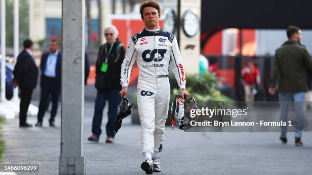 Nyck de Vries of Netherlands and Scuderia AlphaTauri looks on in the Paddock after qualifying ahead of the F1 Grand Prix of Azerbaijan at Baku City...