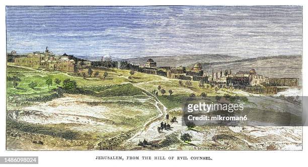 old engraved illustration of jerusalem from the hill of evil counsel - jerusalem city stock pictures, royalty-free photos & images