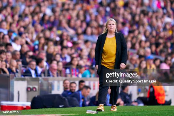 Emma Hayes, head coach of Chelsea FC during the UEFA Women's Champions League semifinal 2nd leg match between FC Barcelona and Chelsea FC at Camp Nou...