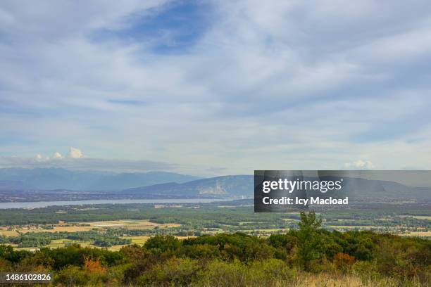 view of switzerland from gex : the leman river and landscape of mountains, hills and valley - drought city stock pictures, royalty-free photos & images