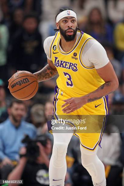 Anthony Davis of the Los Angeles Lakers brings the ball upcourt against the Memphis Grizzlies during Game Five of the Western Conference First Round...