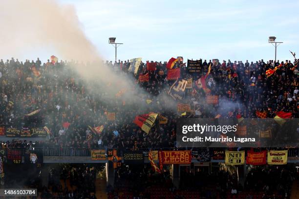 Supporters of Lecce during the Serie A match between US Lecce and Udinese Calcio at Stadio Via del Mare on April 28, 2023 in Lecce, Italy.