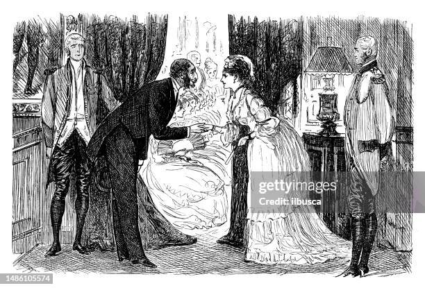 british satire caricature comic cartoon illustration - couple entering the theater stock illustrations