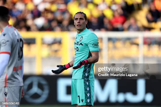 Marco Silvestri of Udinese during the Serie A match between US Lecce and Udinese Calcio at Stadio Via del Mare on April 28, 2023 in Lecce, Italy.