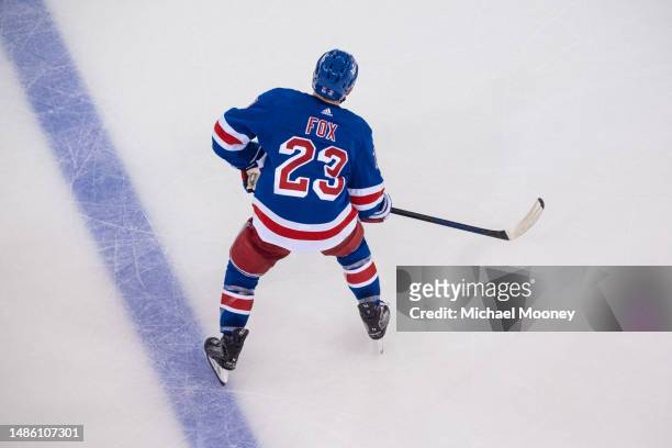 Adam Fox of the New York Rangers skates in the third period against the New Jersey Devils in Game Three of the First Round of the 2023 Stanley Cup...