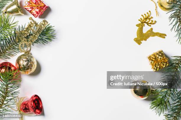 christmas gift box flat lay on white background - box white flat stock-fotos und bilder