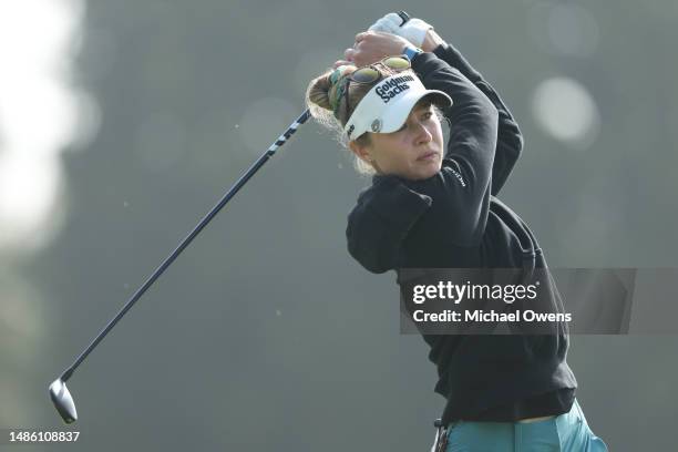 Nelly Korda of the United States plays her shot from the 14th tee during the second round of the JM Eagle LA Championship presented by Plastpro at...