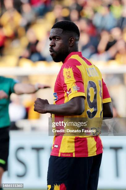 Samuel Umtiti of US Lecce during the Serie A match between US Lecce and Udinese Calcio at Stadio Via del Mare on April 28, 2023 in Lecce, Italy.