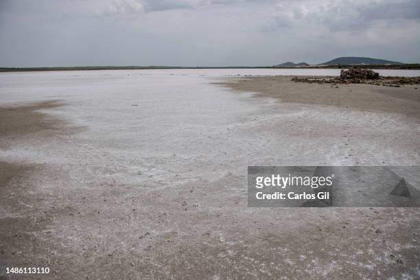 Fuente de Piedra lagoon dry and covered in salt due to drought on April 28, 2023 in Fuente de Piedra, Spain. Due to the lack of rainfall and the high...