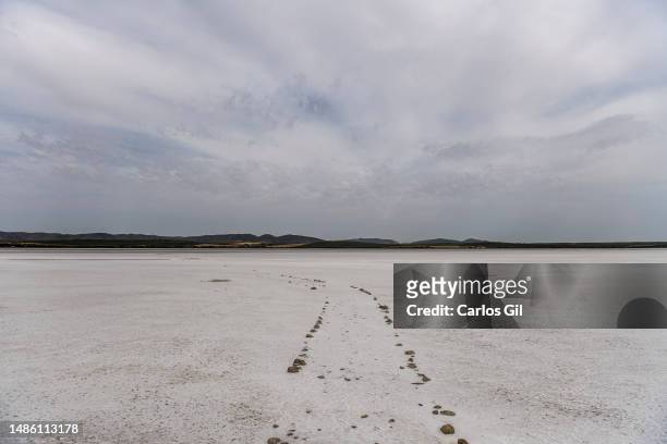 The dry Fuente de Piedra lagoon covered in salt due to the lack of rainfall due to the extreme drought on April 28, 2023 in Fuente de Piedra, Spain....