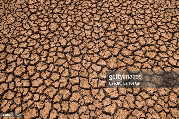 Cracked soil of the stream next to the Fuente de Piedra Lagoon, dry and covered with salt due to the drought on April 28, 2023 in Fuente de Piedra,...