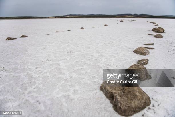 Salt in the Fuente de Piedra lagoon, dry due to high temperatures and drought on April 28, 2023 in Fuente de Piedra, Spain. Due to the lack of...