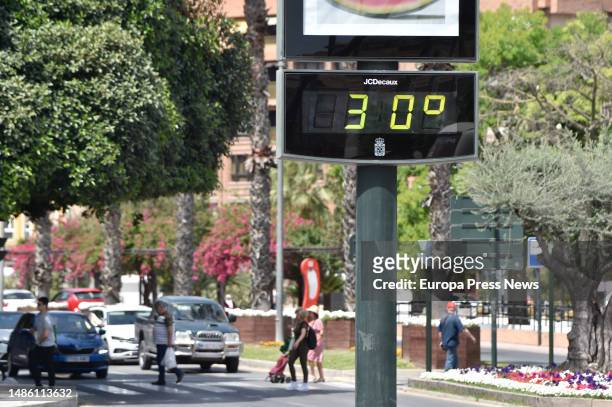 Sign shows a temperature of 30ºC on April 27 in Murcia, Region of Murcia, Spain. Rainfall in the Region of Murcia has been eight times less than a...