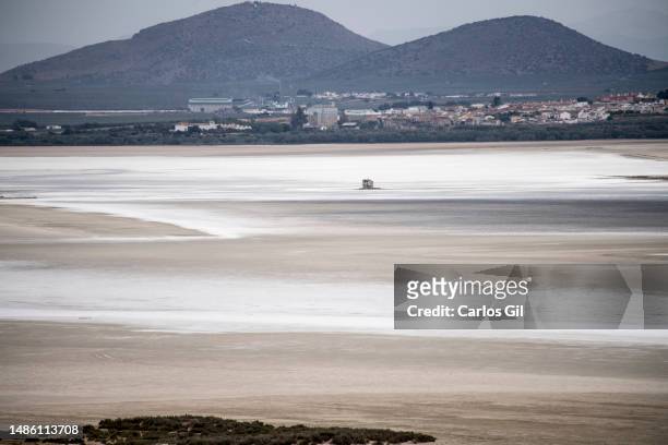The dry Fuente de Piedra lagoon seen from the Las Latas viewpoint covered in salt, due to high temperatures and droughton April 28, 2023 in Fuente de...