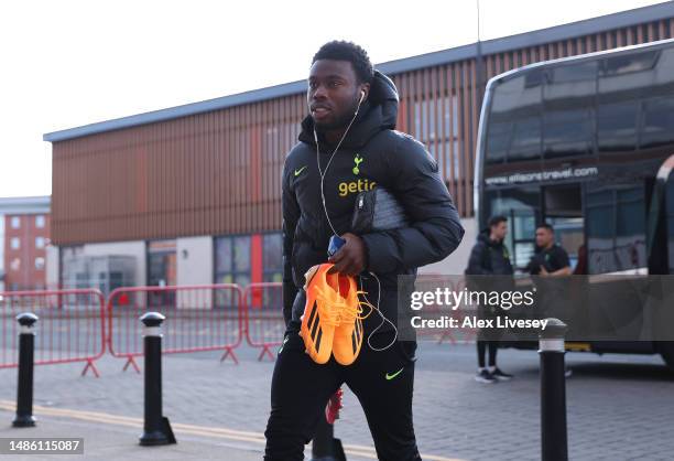 The players of Tottenham Hotspur U21 arrive at the stadium prior to the Premier League 2 match between Manchester United U21 and Tottenham Hotspur at...