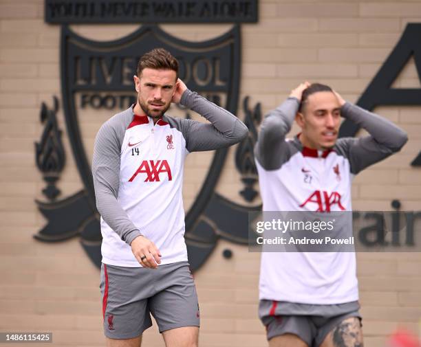 Jordan Henderson captain of Liverpool during a training session at AXA Training Centre on April 28, 2023 in Kirkby, England.