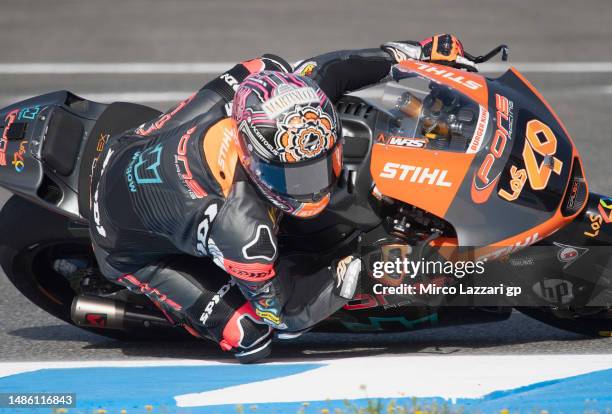 Aron Canet of Spain and Pons Wagon LOS40 rounds the bend during the MotoGP Of Spain - Free Practice on April 28, 2023 in Jerez de la Frontera, Spain.