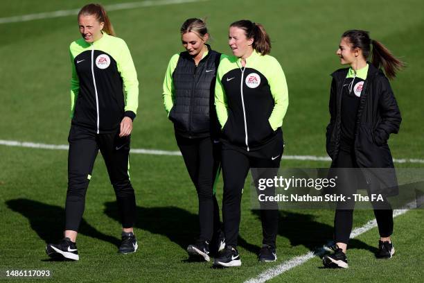 Referee Lisa Benn inspects the pitch with Assistant Referee Abby Dearden, Assistant Referee Nicoleta Bria and Fourth Official Stacey Pearson prior to...