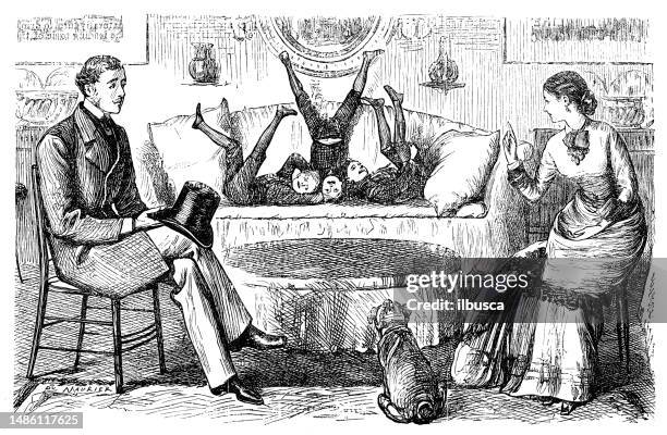 british satire caricature comic cartoon illustration - dog couch stock illustrations