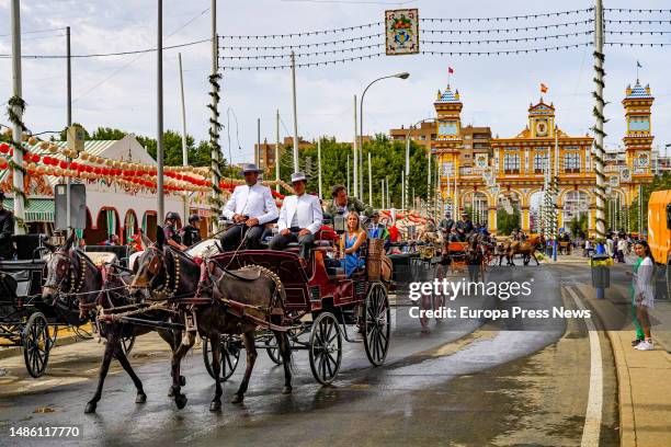 Horse-drawn carriages on Friday at the Feria de Abril on April 28th, 2023 in Seville. Andalusia. The Seville Fair faces its final stretch in a month...