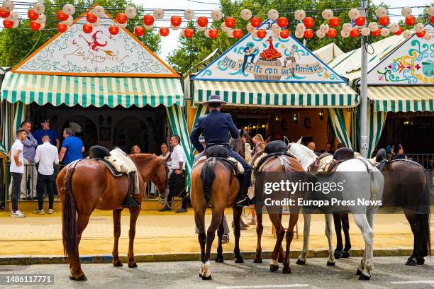 Horsemen on Friday at the Feria de Abril on April 28, 2023 in Seville. Andalusia. The Seville Fair faces its final stretch in a month of April marked...