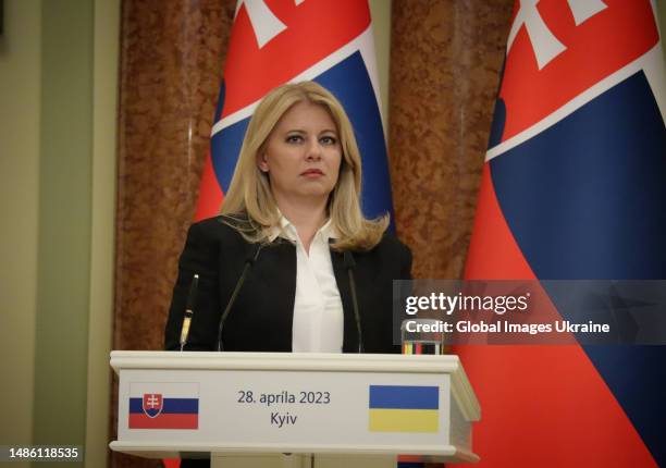President of Slovakia Zuzana Caputova during the joint press conference with President of the Czech Republic Petr Pavel and President of Ukraine...