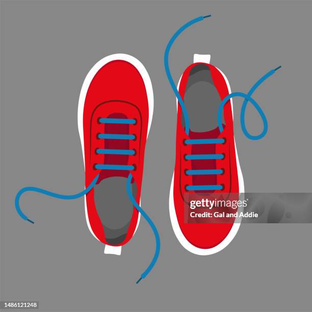 illustrations, cliparts, dessins animés et icônes de baskets rouges avec lacets bleus dénoués - chaussure en toile
