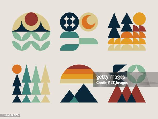 retro geometric landscape icons - wilderness illustration stock illustrations