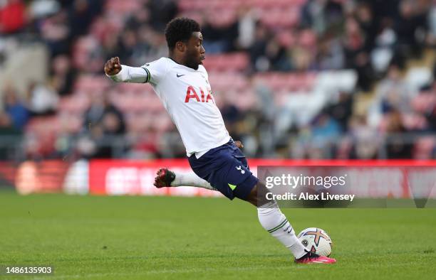 Nile John of Tottenham Hotspur U21 scores their second goal during the Premier League 2 match between Manchester United U21 and Tottenham Hotspur at...