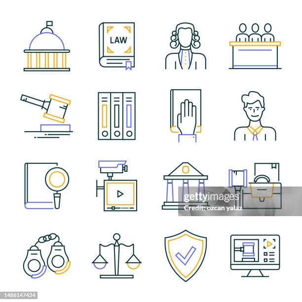 law and justice line icons editable stroke. courtroom , law , judge , crime , witness , jury , investigation - school rules stock illustrations