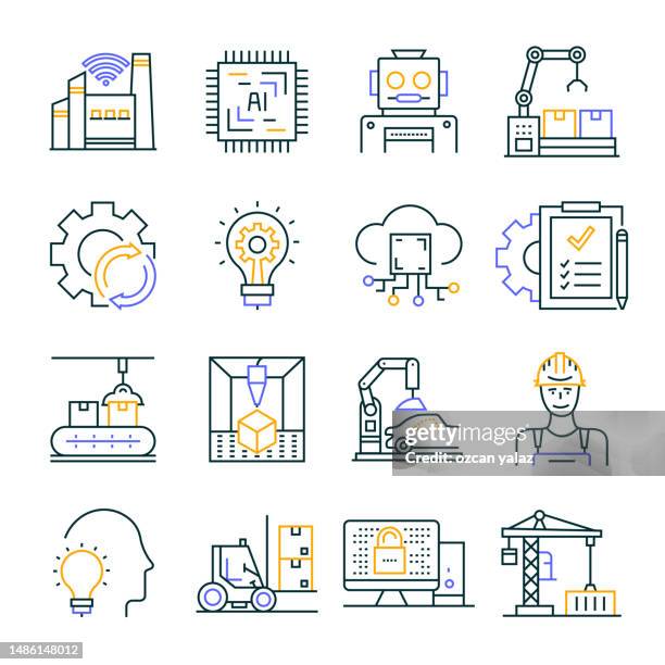 stockillustraties, clipart, cartoons en iconen met industry 4.0 line icons editable stroke. automation , big data , artificial intelligence , machine learning , connection , electricity , gasoline - nuclear power station