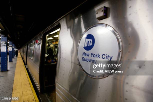 Subway train on April 28, 2023 in New York City. The MTA is not going along post real-time service updates on its Twitter feed, leaving its 1.3...