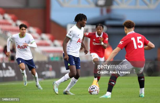 Damola Ajayi of Tottenham Hotspur U21 during the Premier League 2 match between Manchester United U21 and Tottenham Hotspur at Leigh Sports Village...