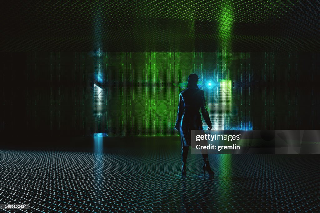 Abstract futuristic dark corridor with woman in leather coat