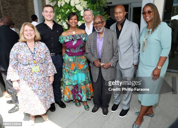 Dr Janet Arnold-Clark, Tony Sarandos, Nicole Avant, Ted Sarandos, Clarence Avant, Alex Avant, and Holly J. Mitchell attend the official unveiling of...