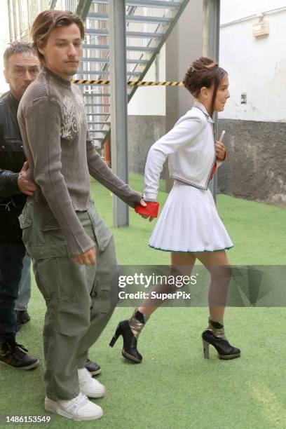 Millie Bobby Brown with boyfriend Jake Bongiovi are seen in Milan on April 28, 2023 in Milan, Italy.