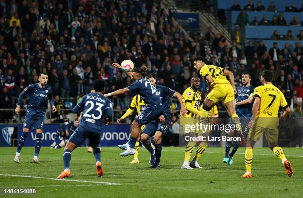 Jude Bellingham of Borussia Dortmund heads the ball wide during the Bundesliga match between VfL Bochum 1848 and Borussia Dortmund at Vonovia...