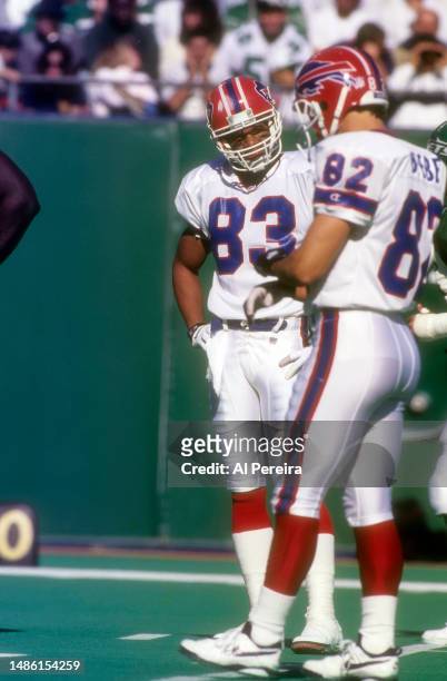 Wide Receiver Andre Reed of the Buffalo Bills follows the action in the game between the Buffalo Bills vs the New York Jets at The Meadowlands on...