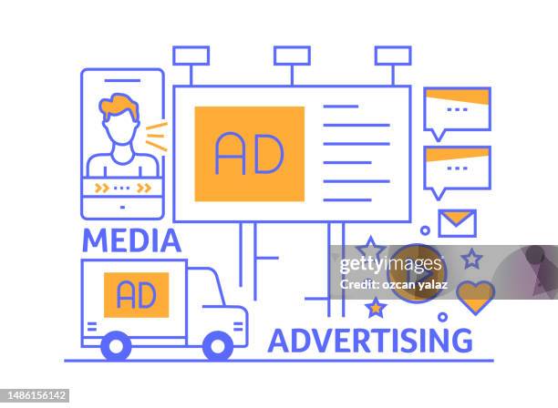 advertising and media concept. advertising is now digital. advertisements, car and web pages made from phones. hand drawn simple and stylish design.newspaper , tv ads , billboard , radio , internet , stand - car radio hand stock illustrations