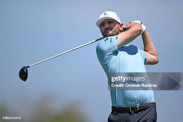 Kyle Stanley of the United States plays his shot from the 4th tee during the second round of the Mexico Open at Vidanta on April 28, 2023 in Puerto...
