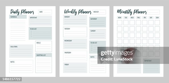 Blank Schedule Planner 3 Column 4 Line Set Of Daily Weekly Monthly Planner Printable Vector Template Blank ...