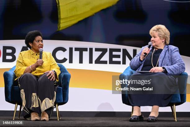 Phumzile Mlambo-Ngcuka and Erna Solberg speak at the Global Citizen NOW Summit at The Glasshouse on April 28, 2023 in New York City.
