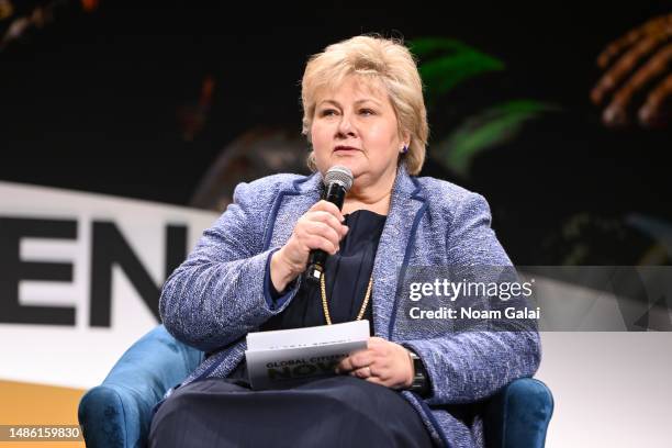 Erna Solberg speaks at the Global Citizen NOW Summit at The Glasshouse on April 28, 2023 in New York City.