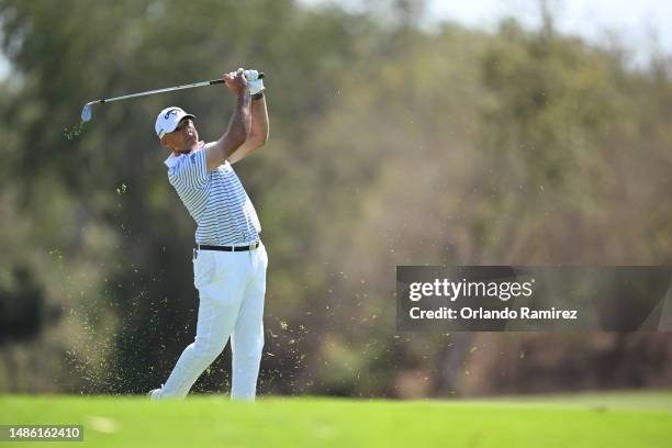 Jonathan Byrd of the United States plays a shot on the second hole during the second round of the Mexico Open at Vidanta on April 28, 2023 in Puerto...