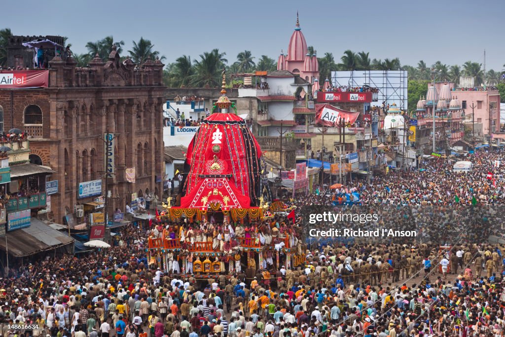 Temple chariot in procession during Rath Yatra Festival.